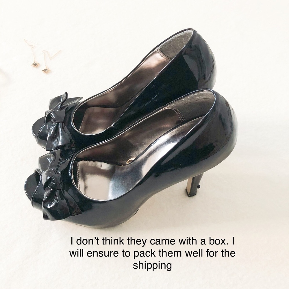 Zara Black Peep Toe Stiletto Heels Bow Detail Faux Vegan Patent Leather Shoes - Picture 3 of 16